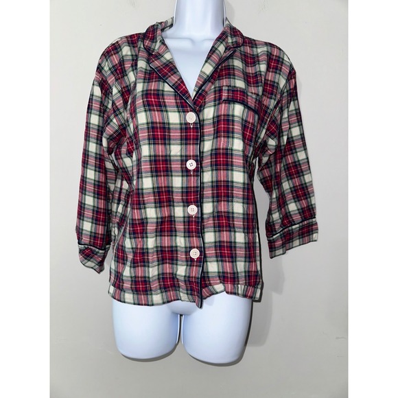 Sleepy Jones XS Plaid Pajama Top Button Front 3/4 Sleeve Red Green - Picture 1 of 5